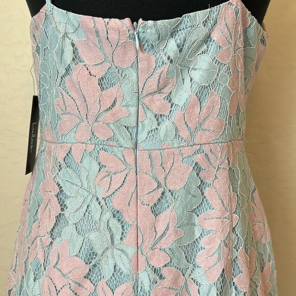 Lulu's Loving Thoughts Light Blue & Pink Halter Neck Lace Mini Dress Size M - Picture 11 of 16